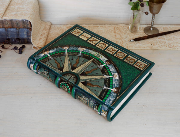 Green leather journal with handpainted decoration, One of a kind - Nautical Wind Rose