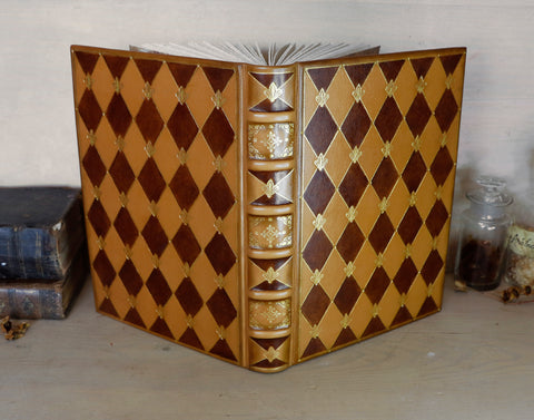 Leather Journal / Blank Book, Light brown with dark brown diamond checker pattern, Gold Tooled Decoration