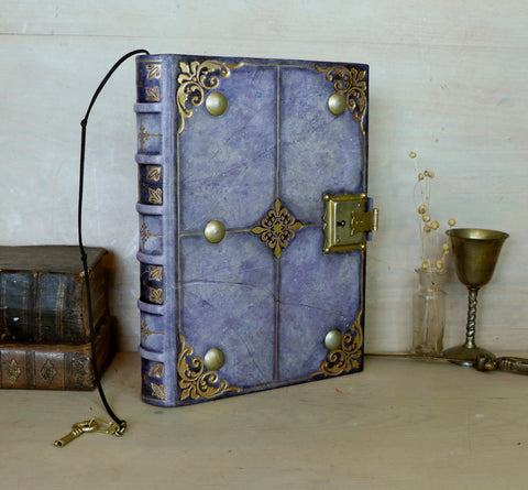 Leather Journal with Lock and Key, Romantic diary, Gold decoration, "Purple Dreams"