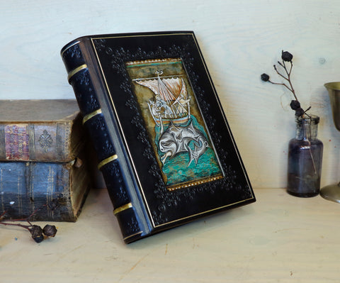 Black leather journal with painted Illuminated miniature and gold tooled decoration - Medieval Whale