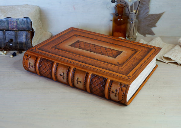 Orange and Brown Leather Journal with hand tooled decoration - Copper Shine