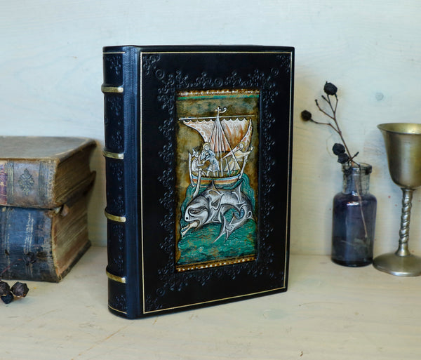 Black leather journal with painted Illuminated miniature and gold tooled decoration - Medieval Whale