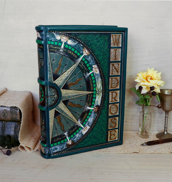 Green leather journal with handpainted decoration, One of a kind - Nautical Wind Rose