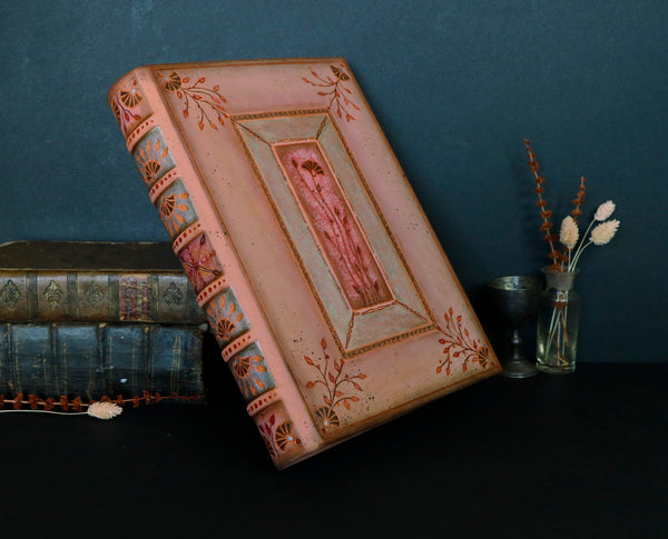 Dusty Pink Leather Journal with floral decoration. Echoes in Bloom. One of a kind