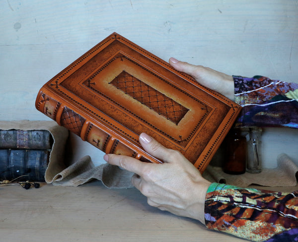 Orange and Brown Leather Journal with hand tooled decoration - Copper Shine