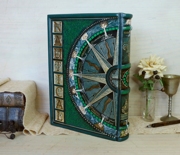 Green leather journal with handpainted decoration, One of a kind - Nautical Wind Rose