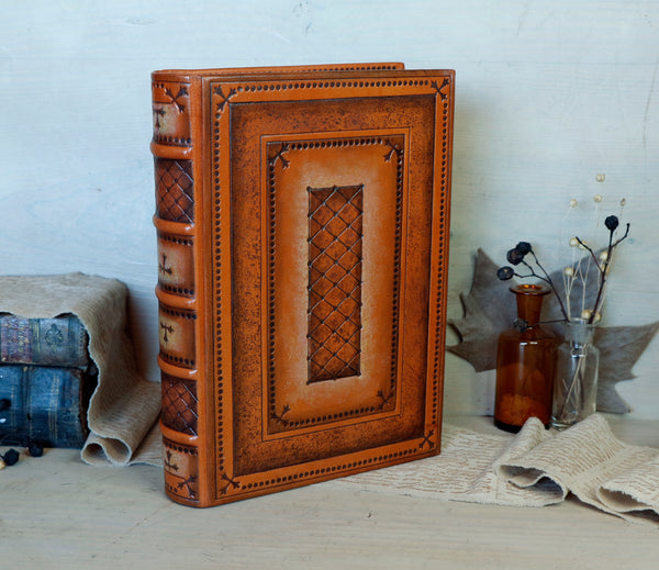 Orange and Brown Leather Journal with hand tooled decoration - Copper Shine