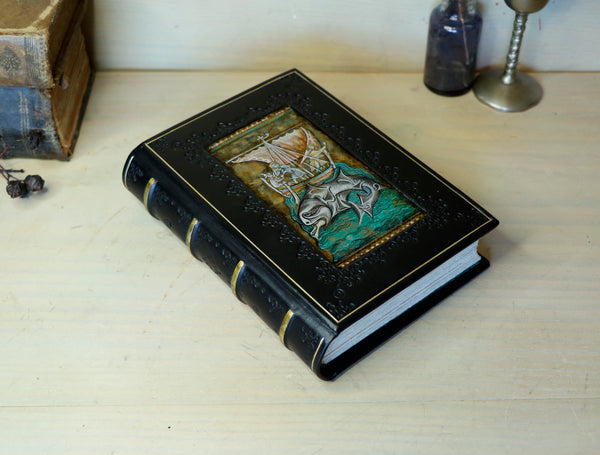 Black leather journal with painted Illuminated miniature and gold tooled decoration - Medieval Whale