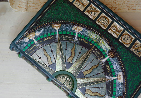 Green leather journal with handpainted decoration, One of a kind - Nautical Wind Rose