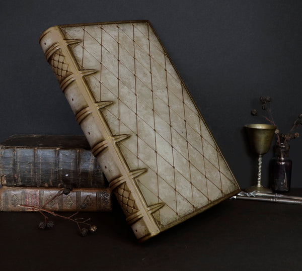 Large leather journal, Antiqued gold and white diamond pattern, tooled decoration - Ancient Tales