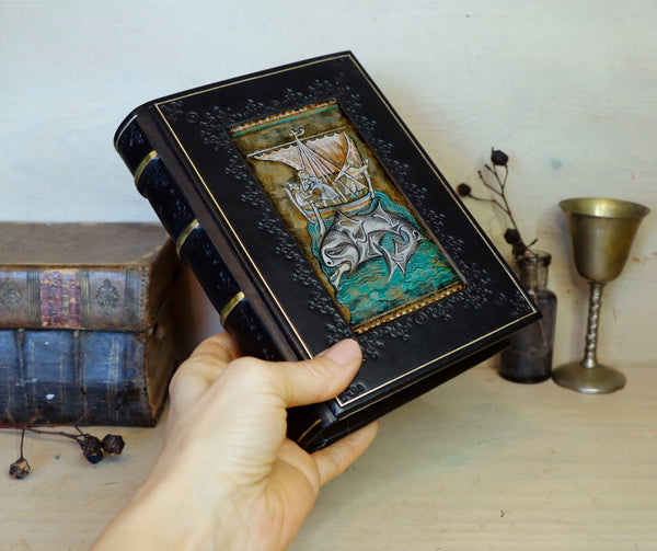 Black leather journal with painted Illuminated miniature and gold tooled decoration - Medieval Whale