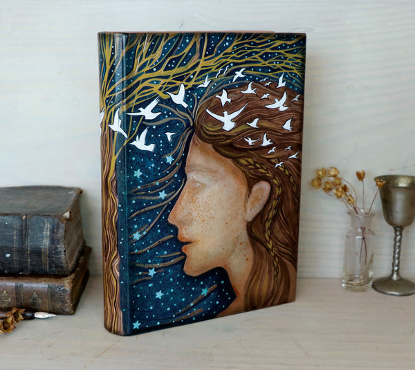 Hand painted leather journal with original artwork, The Lovers. One of a kind