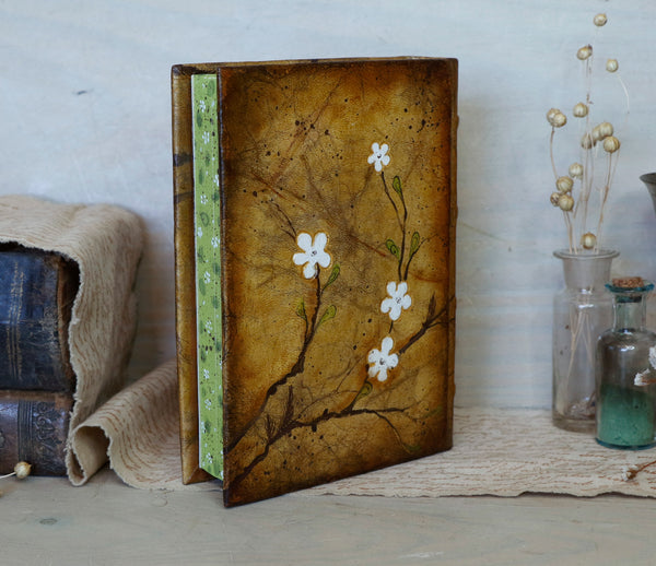 Leather journal with painted decoration and edge decoration -  In Bloom