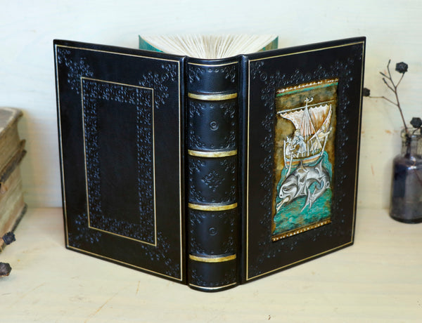 Black leather journal with painted Illuminated miniature and gold tooled decoration - Medieval Whale