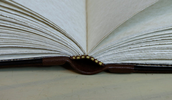 Large leather journal, Worn leather, Gold tooled decoration. The Old Book