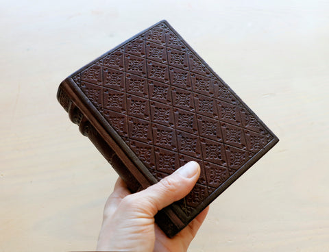 Brown leather journal with blind tooled decoration, Tea stained pages. Dark Chocolate