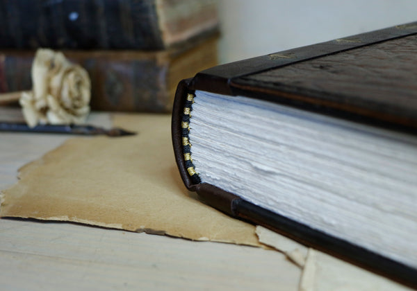 Large leather journal, Worn leather, Gold tooled decoration. The Old Book