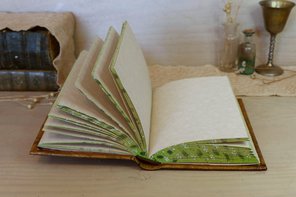 Leather journal with painted decoration and edge decoration -  In Bloom