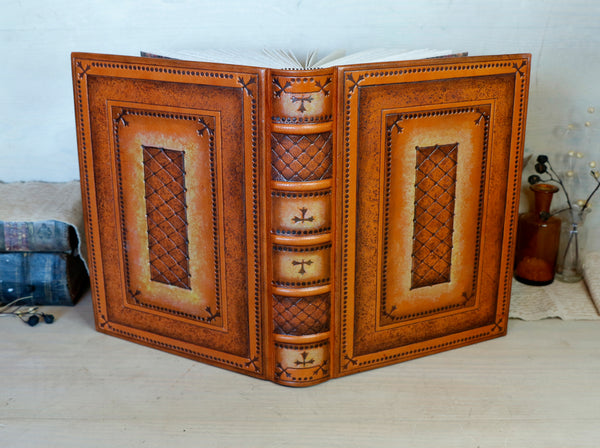 Orange and Brown Leather Journal with hand tooled decoration - Copper Shine